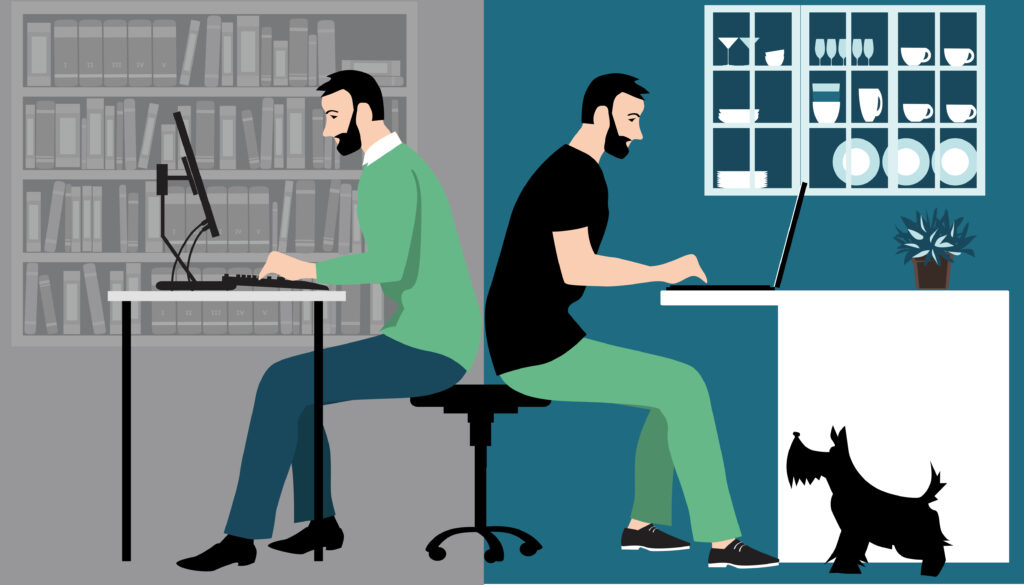 Illustration of two men sitting back-to-back, one working from home, the other working in an office.