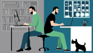 Illustration of two men sitting back-to-back, one working from home, the other working in an office.